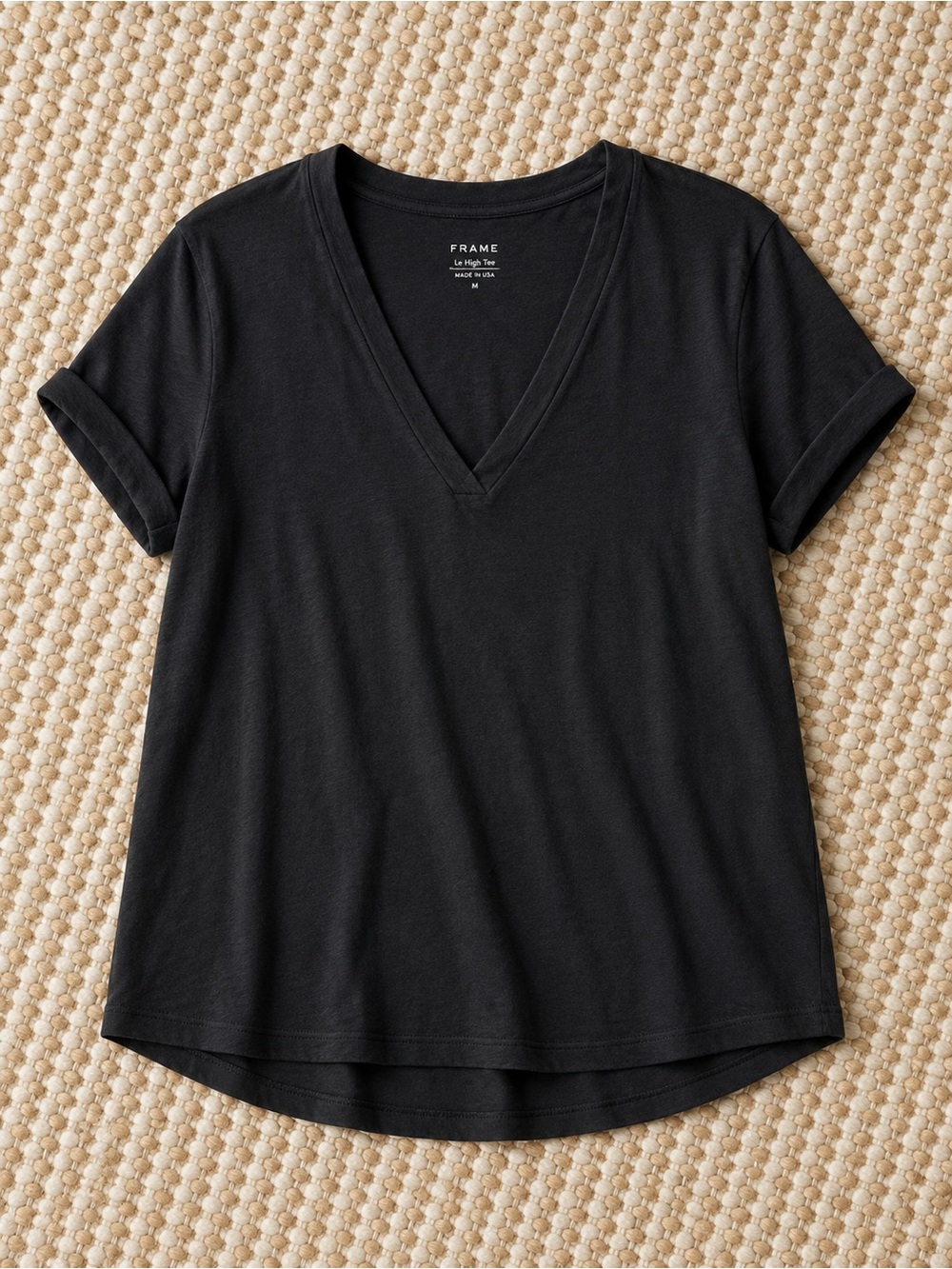 FRAME Le High V-Neck Tee | Black Rolled Sleeve Top | Women’s Medium